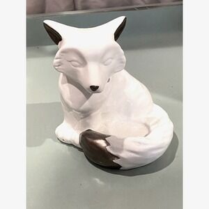 🍂 White Ceramic Fox‎ Tealight Holder Bronze Accents Woodland Animal Decor
